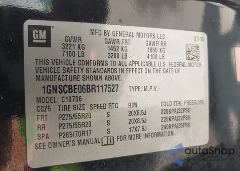 2011 Chevrolet Tahoe Lt из США, поврежденный, VIN 1GNSCBE06BR117527